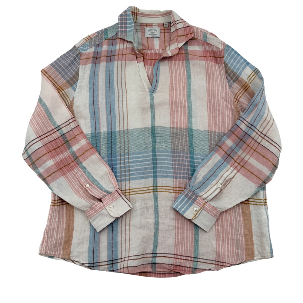 Baird McNutt Murano 100% Linen Plaid V-Neck Tunic Top Pink Blue Women XL Staple